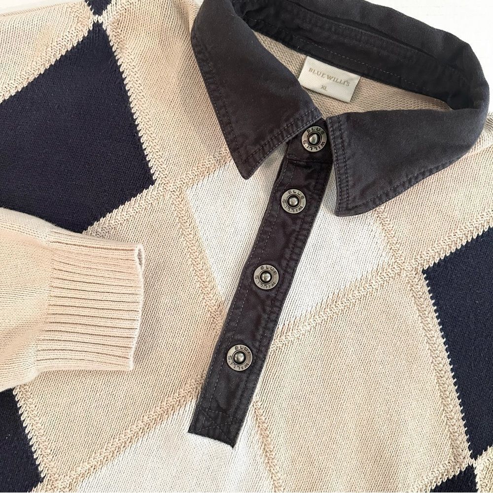Blue Willi's Vintage Argyle Sweater Men's Size‎ XL Navy Cream Preppy Retro Y2K